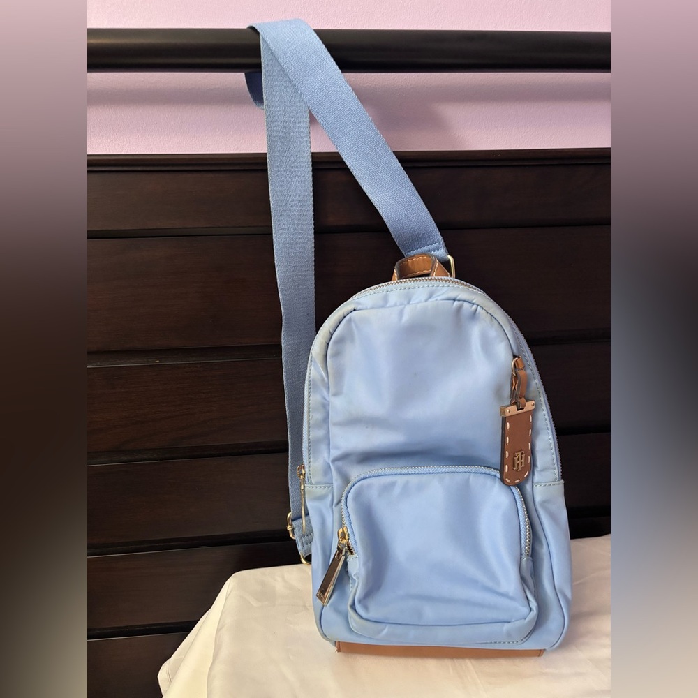 TOMMY HILFIGER Nylon Backpack Sling Bag Light Blue W/ Gold Zipper
